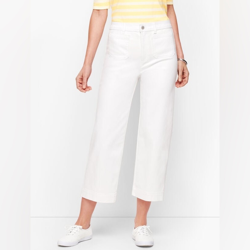 Talbots Flawless Size 8 White High Waist Wide Leg Crop Pants Pockets NWOT